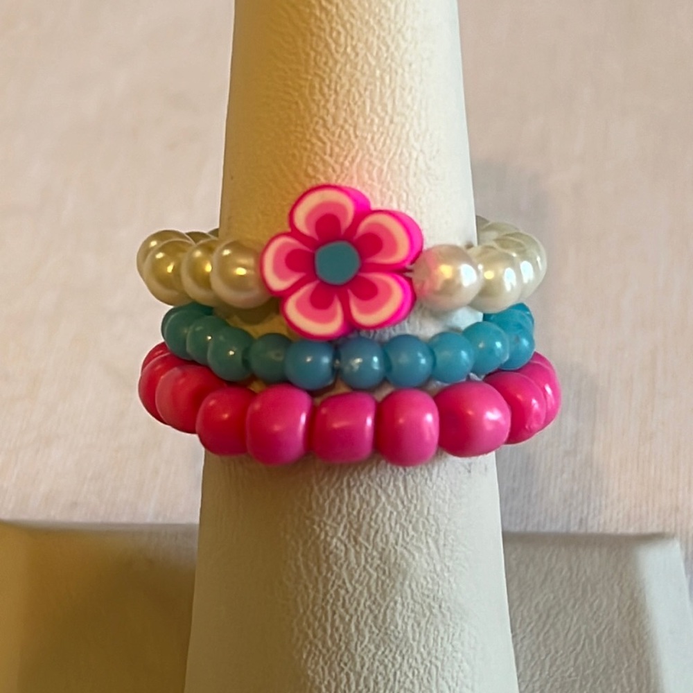 Handmade Hot Pink & Blue Beaded Flower Ring Set, Stretchy
